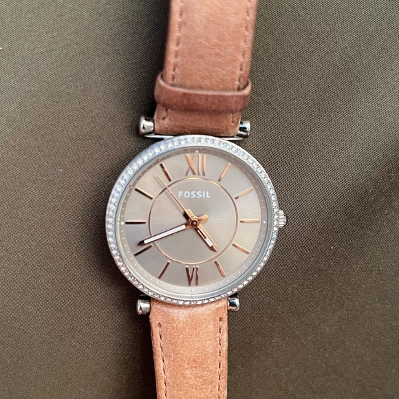 Fossil Brown Real Genuine Leather Cubic Zirconia Stylish Watch Silver Case main image 12